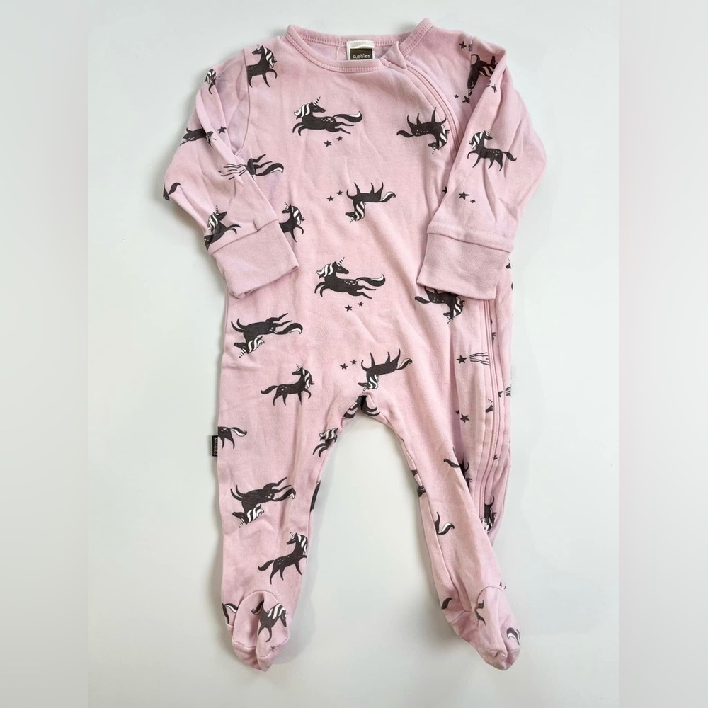 Kushies Organic Cotton Pink and Black Unicorn Print One Piece Footie Sleeper